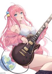 Rule 34 | 1girl, absurdres, ahoge, bare shoulders, bass guitar, blue eyes, bocchi the rock!, bra, breasts, cleavage, collarbone, cube hair ornament, earth (planet), electric guitar, gotoh hitori, guitar, hair ornament, highres, hokori sakuni, holding, holding instrument, instrument, jacket, large breasts, long hair, long sleeves, looking at viewer, mouth hold, music, off shoulder, one side up, pink hair, planet, playing instrument, plectrum, skirt, solo, underwear, white background