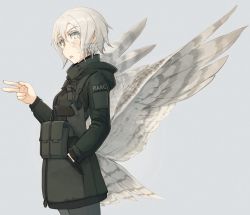 Rule 34 | 1girl, asterisk kome, bird tail, bird wings, coat, commentary request, frances royce, green jacket, grey pants, gun, handgun, holster, holstered, jacket, low wings, military, military coat, pants, short hair, silver hair, standing, tail, weapon, white wings, winged fusiliers, wings