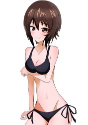 Rule 34 | 1girl, absurdres, bad id, bad pixiv id, bikini, black bikini, breast hold, breasts, brown eyes, brown hair, cleavage, closed mouth, commentary, girls und panzer, groin, highres, looking at viewer, medium breasts, motti (motthi0711), navel, nishizumi maho, short hair, side-tie bikini bottom, simple background, sitting, smile, solo, swimsuit, white background