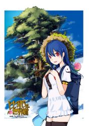 Rule 34 | 1girl, adapted costume, alternate costume, alternate headwear, backpack, bag, black thighhighs, blue hair, blush, day, dress, english text, food, fruit, hat, hinanawi tenshi, jpeg artifacts, long hair, looking at viewer, md5 mismatch, nature, open mouth, peach, puffy sleeves, red eyes, short sleeves, sky, smile, solo, straw hat, tetsurou (fe+), text focus, thighhighs, touhou, tree, zettai ryouiki
