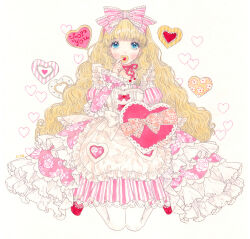 1girl 2020s 2024 blonde_hair blue_eyes cookie dress english_text female_focus food heart heart-shaped_cookie heart-shaped_food hisakata_(hisa_nn) long_dress long_hair looking_at_viewer painting_(medium) pink_dress traditional_media watercolor_(medium)