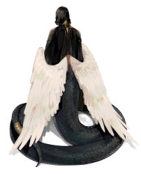 Rule 34 | 1boy, angel wings, azik eggers, black hair, black robe, dark skin, facing away, feathered wings, from behind, highres, lamia boy, looking back, lord of the mysteries, monster boy, niyuta, robe, scales, simple background, snake boy, snake tail, solo, tail, white background, white wings, wings