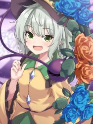 Rule 34 | 1girl, :d, black hat, blouse, blue flower, blue rose, blurry, blurry background, blush, buttons, checkered floor, commentary, diamond button, flower, frilled shirt collar, frills, green eyes, green skirt, grey hair, hand up, hat, highres, komeiji koishi, leaf, looking at viewer, open mouth, red flower, red rose, remiria100, rose, shirt, short hair, skirt, smile, solo, third eye, touhou, upper body, yellow shirt
