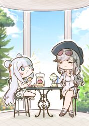 Rule 34 | +++, + +, 2girls, absurdres, azur lane, bare legs, barefoot, blue eyes, blush, cake, chair, chewing, chibi, closed mouth, commentary request, crossed legs, cup, day, double bun, doughnut, dress, dunkerque (afternoon venus) (azur lane), dunkerque (azur lane), eating, food, food on face, grey hair, hair bun, hair ribbon, highres, himajin (fd jin), jacket, le malin (azur lane), le malin (sleepy sunday) (azur lane), long hair, looking at another, macaron, multiple girls, official alternate costume, open clothes, open jacket, outdoors, pavilion, pouring, ribbon, saucer, sitting, smile, sundress, sunlight, sweets, table, tea, tea party, teacup, teapot, very long hair, white dress, white hair, white jacket