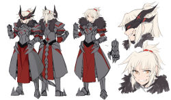 Rule 34 | 1girl, armor, blonde hair, close-up, dark persona, fate/apocrypha, fate (series), full armor, full body, gauntlets, horns, long hair, looking at viewer, mask, mordred (fate), mordred (fate/apocrypha), multiple views, ponytail, simple background, smile, smug, standing, white background, yellow eyes, yorukun