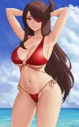 Rule 34 | 1girl, absurdres, bare shoulders, beidou (genshin impact), bikini, blush, breasts, brown hair, cleavage, collarbone, colored eyepatch, eyepatch, genshin impact, half updo, highres, large breasts, long hair, looking at viewer, navel, o-ring, o-ring bikini, smile, solo, swimsuit, thighs, zaphn