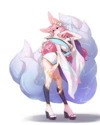 Rule 34 | 1girl, absurdres, ahri (league of legends), animal ear fluff, animal ears, bell, bent over, blue eyes, breasts, cleavage, facial mark, finger to own chin, fox ears, fox girl, fox tail, hair bell, hair between eyes, hair ornament, hand on own thigh, high heel sandals, high heels, highres, japanese clothes, k yabby, kimono, league of legends, multiple tails, pink hair, platform footwear, sandals, simple background, solo, spirit blossom ahri, tail, whisker markings, white background