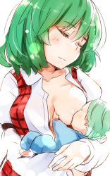 Rule 34 | 1girl, asutora, baby, breastfeeding, breasts, closed eyes, collarbone, green hair, highres, kazami yuuka, large breasts, mother and child, open clothes, open shirt, shirt, smile, touhou, upper body