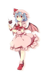 Rule 34 | 1girl, 3535carrot, apple, bad id, bad pixiv id, bat wings, blue hair, dress, food, fruit, hat, hat ribbon, mob cap, pink dress, puffy sleeves, red eyes, remilia scarlet, ribbon, short sleeves, simple background, solo, touhou, uguisu mochi (ykss35), white background, wings, wrist cuffs