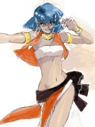 Rule 34 | 1990s (style), 1girl, armband, bad id, bad pixiv id, bandeau, bare shoulders, blue eyes, blue hair, bob cut, dark skin, dark-skinned female, earrings, fushigi no umi no nadia, hair ornament, hairclip, jewelry, loincloth, lots of jewelry, matching hair/eyes, midriff, nadia la arwall, neck ring, shinbun (moupasan), short hair, smile, solo, strapless, tube top, vest