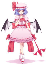 Rule 34 | 1girl, absurdres, bat wings, blue hair, bow, crossed legs, female focus, hand on own chest, hat, highres, large bow, orebalgum, polearm, red eyes, remilia scarlet, short hair, simple background, smile, solo, spear, spear the gungnir, standing, touhou, tsurime, watson cross, weapon, wings, wrist cuffs
