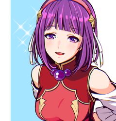 Rule 34 | 1girl, asamiya athena, bare shoulders, breasts, hair ornament, hairband, large breasts, looking at viewer, medium hair, off-shoulder shirt, off shoulder, open mouth, purple eyes, purple hair, red hairband, shirt, simple background, smile, star (symbol), star hair ornament, tb (spr1110), the king of fighters, the king of fighters xv, white sleeves