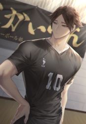 Rule 34 | 1boy, black hair, closed mouth, haikyuu!!, hand on own hip, hemoon, indoors, looking to the side, male focus, short hair, short sleeves, solo, sportswear, standing, suna rintarou, volleyball uniform