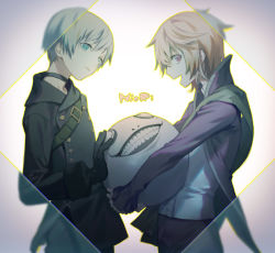 Rule 34 | 2boys, :d, belt, black choker, black gloves, black jacket, black pants, blonde hair, blue eyes, blue hair, bright pupils, choker, closed mouth, emil (nier), from side, gloves, jacket, long sleeves, looking at viewer, looking to the side, multiple boys, nier (series), nier:automata, open mouth, pants, parted lips, profile, purple jacket, red eyes, shirt, smile, white shirt, yamakawa, 9s (nier:automata)