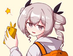 Rule 34 | 1girl, :d, backpack, bag, bronya zaychik, cellphone, drill hair, grey eyes, grey hair, grey jacket, hair between eyes, holding, holding phone, honkai (series), honkai impact 3rd, jacket, looking at viewer, looking to the side, open mouth, phone, simple background, smile, solo, star (symbol), twin drills, user wvdn2827, yellow background