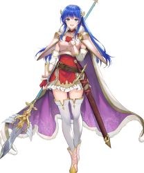 Rule 34 | 1girl, ankle boots, armor, belt, blue eyes, blue hair, boots, breastplate, caeda (fire emblem), cape, dress, elbow gloves, fingerless gloves, fire emblem, fire emblem: mystery of the emblem, fire emblem heroes, full body, fur trim, gloves, gold trim, hair ornament, hand on own chest, hand up, haru (hiyori-kohal), highres, holding, long hair, looking at viewer, nintendo, non-web source, official art, open mouth, pink footwear, polearm, short dress, shoulder armor, skirt, smile, solo, spear, standing, sword, thighhighs, transparent background, weapon, white thighhighs, zettai ryouiki