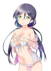 Rule 34 | 10s, 1girl, bare shoulders, bikini, breasts, cleavage, covering privates, covering breasts, front-tie top, green eyes, hair between eyes, highres, hood, hooded jacket, hoodie, jacket, large breasts, leaning forward, long hair, looking at viewer, love live!, love live! school idol project, low twintails, navel, off shoulder, own hands together, scrunchie, simple background, smile, solo, swimsuit, tojo nozomi, tsukasa takashi, twintails, untied, very long hair, white background, white bikini