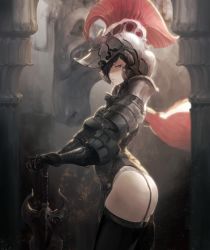 Rule 34 | 1girl, absurdres, armor, artist name, ass, bamuth, black hair, black thighhighs, cape, closed mouth, commentary, english commentary, female knight, garter belt, garter straps, gauntlets, hand on hilt, helmet, highres, holding, horse, knight, lips, looking at viewer, original, profile, purple eyes, solo, standing, sword, thighhighs, weapon