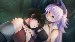 Rule 34 | 2girls, animal ears, atelier-moo, bare shoulders, bikini, black hair, blood, blood on face, blush, breasts, brown eyes, cleavage, collar, detached sleeves, forest, furrowed brow, hair between eyes, highres, jewelry, large breasts, lips, long hair, long sideburns, looking down, lower teeth only, mana (our battle has just begun!), multiple girls, nature, necklace, open mouth, our battle has just begun!, purple hair, sad, short hair, sideburns, swimsuit, taylor (our battle has just begun!), tearing up, teeth, upper body, very long hair, wolf ears, wolf girl