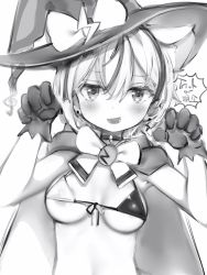 Rule 34 | 1girl, :d, areola slip, bad id, bad pixiv id, bikini, blush, bow, bowtie, breasts, cape, choker, claw pose, earrings, fang, front-tie bikini top, front-tie top, gloves, greyscale, halloween costume, hat, hat bow, highres, jewelry, looking at viewer, medium breasts, medium hair, mixed-language text, monochrome, multicolored hair, nanashi (nlo), open mouth, smile, solo, streaked hair, swimsuit, trick or treat, tsumugine rei, underboob, upper body, virtual youtuber, white background, witch hat, zero project