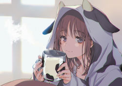 Rule 34 | 1girl, absurdres, animal hood, animal print, black eyes, brown hair, chinese zodiac, closed mouth, commentary request, cow print, cup, fake horns, gin (oyoyo), highres, holding, holding cup, hood, hoodie, horns, long hair, long sleeves, looking at viewer, milk, original, print hoodie, smile, solo, upper body, year of the ox