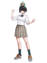 1girl ankle_socks black_eyes black_hair bob_cut bow bowtie bug chemy clenched_hands collared_shirt commentary creature creature_on_head eidenjyou1997 full_body genderswap genderswap_(mtf) grasshopper highres hopper_1 ichinose_houtarou insect kamen_rider kamen_rider_gotchard_(series) looking_at_viewer miniskirt open_mouth plaid_clothes plaid_skirt pleated_skirt school_uniform shirt shirt_tucked_in shoes short_hair short_sleeves simple_background skirt smile sneakers socks solo standing teeth upper_teeth_only white_background white_footwear white_shirt white_sneakers