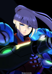 Rule 34 | 1girl, arm cannon, armor, blonde hair, blue eyes, ceroccb, gun, highres, long hair, looking at viewer, metroid, metroid dread, mole, mole under mouth, nintendo, ponytail, power armor, samus aran, science fiction, sidelocks, simple background, smile, solo, upper body, varia suit, weapon