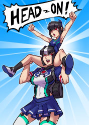Rule 34 | 2girls, absurdres, autobot, backpack, bag, black hair, breasts, carrying, clenched hands, covered navel, dual persona, english text, fortress maximus, garter straps, genderswap, genderswap (mtf), hairband, highres, large breasts, miniskirt, multicolored hair, multiple girls, open mouth, personification, ryuusei (mark ii), shoes, shoulder carry, sidelocks, skirt, smile, socks, striped legwear, swimsuit, thighhighs, transformers, two-tone hair, white hair