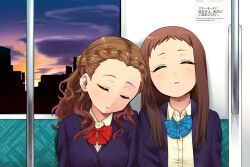Rule 34 | 2girls, blazer, blue bow, blue bowtie, blue jacket, bow, bowtie, braid, braided bangs, breasts, brown hair, building, buttons, closed eyes, cloud, cloudy sky, collared shirt, commentary request, dusk, facing viewer, flat chest, forehead, hand grip, idolmaster, idolmaster cinderella girls, jacket, koseki reina, leaning on person, long hair, long sleeves, medium breasts, multiple girls, okachi, open clothes, open jacket, parted lips, red bow, red bowtie, school uniform, seki hiromi, shirt, short bangs, sign, sitting, sky, sleeping, sleeping upright, train interior, upper body, wavy hair, window, yellow shirt