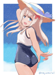 Rule 34 | 1girl, ass, blue eyes, blue ribbon, blue sky, brown hat, commentary, competition swimsuit, cowboy shot, crop top, day, flower, from behind, hair flower, hair ornament, hand on headwear, hat, hat ribbon, kantai collection, long hair, looking at viewer, looking back, mayomaru1, one-hour drawing challenge, one-piece swimsuit, one-piece tan, open mouth, outdoors, outside border, ribbon, ro-500 (kancolle), sailor collar, school swimsuit, school uniform, serafuku, sky, smile, solo, standing, straw hat, sun hat, swimsuit, swimsuit under clothes, tan, tanline, twitter username, v