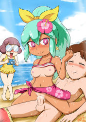 Rule 34 | 10s, 1boy, 2girls, amano keita, aqua eyes, artist name, barefoot, beach, beachhime, bikini, bikini top lift, blush, bow, brown hair, camera, censored, closed mouth, clothed female nude male, clothed sex, clothes lift, collarbone, cum, cum in pussy, cum overflow, day, dot nose, earrings, flower, girl on top, glasses, gouguru, groin, hair bow, hair flower, hair ornament, hand up, heart, hetero, jewelry, knees together feet apart, long hair, looking at viewer, misora inaho, mosaic censoring, multicolored hair, multiple girls, navel, nipples, no nose, nude, ocean, opaque glasses, open mouth, penis, ponytail, purple eyes, purple hair, pussy, sex, short hair, sky, smile, spread legs, standing, star (symbol), star earrings, striped bikini, striped clothes, sweat, swimsuit, tan, tanline, thigh gap, toes, tongue, tongue out, towel around waist, vaginal, yellow bow, youkai watch