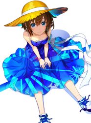 Rule 34 | 1girl, amagai tarou, blue dress, blue eyes, bow, breasts, brown hair, character request, collarbone, dress, from above, hair between eyes, hat, hat ribbon, highres, looking at viewer, looking up, medium breasts, ribbon, shoes, short hair, simple background, sitting, sleeveless, sleeveless dress, smile, sneakers, solo, sun hat, unmoving pattern, white background, white bow, white footwear, white ribbon, yellow hat