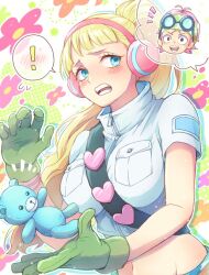 Rule 34 | !, 0aoiurn0, 1boy, 1girl, blonde hair, blue eyes, blunt bangs, blush, chibi, commentary request, cowboy shot, cropped jacket, eyewear on head, flower, gloves, green gloves, headband, headphones, hibari (one piece), jacket, koby (one piece), looking to the side, midriff, navel, one piece, open mouth, pink hair, ponytail, scar, scar on face, stuffed animal, stuffed toy, teddy bear, white jacket