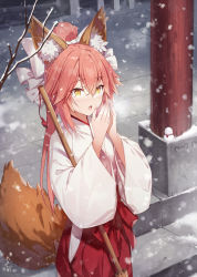Rule 34 | 1girl, animal ear fluff, animal ears, blush, breasts, broom, duplicate, fate/extra, fate (series), fox ears, fox girl, fox tail, gabiran, hair between eyes, hakama, hakama skirt, japanese clothes, kimono, large breasts, long hair, long sleeves, looking at viewer, miko, open mouth, pink hair, red hakama, sidelocks, skirt, snowing, solo, tail, tamamo (fate), tamamo no mae (fate/extra), twintails, white kimono, wide sleeves, yellow eyes