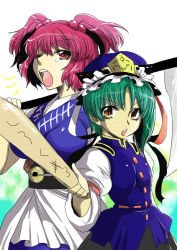 Rule 34 | 2girls, aku (dejigiga), breasts, female focus, green hair, hair bobbles, hair ornament, hat, large breasts, multiple girls, one eye closed, onozuka komachi, open mouth, red eyes, red hair, rod of remorse, scythe, shiki eiki, tears, touhou, translation request, twintails, two side up, wink, yawning, yellow eyes