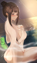Rule 34 | 1girl, ass, bath, black hair, blush, breasts, brown eyes, cleavage, closed mouth, covering privates, girls und panzer, hair bun, highres, large breasts, mamaa (maeni6379), naked towel, nishizumi shiho, nude cover, solo, towel