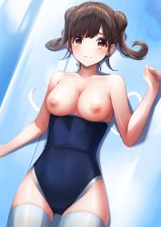 Rule 34 | 1girl, absurdres, bare arms, bare shoulders, blue one-piece swimsuit, blush, breasts, brown hair, closed mouth, clothes pull, cowboy shot, double bun, hair bun, highres, idolmaster, idolmaster shiny colors, large breasts, looking at viewer, nipples, one-piece swimsuit, one-piece swimsuit pull, red eyes, short hair, solo, sonoda chiyoko, sora (men0105), standing, swimsuit, tearing up, thighhighs, twintails, white thighhighs