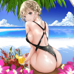 Rule 34 | 1girl, afk arena, ass, back, backless swimsuit, beach, black bow, blonde hair, blurry, bow, braid, breasts, brown eyes, cloud, cocktail, cocktail glass, commentary request, crossed legs, cup, dappled sunlight, day, depth of field, drinking glass, flower, from behind, gibun (sozoshu), hair bow, hibiscus, highleg, highres, holding, holding cup, horizon, large breasts, lens flare, looking at viewer, median furrow, ocean, one-piece swimsuit, one-piece thong, outdoors, palm tree, parted lips, revealing clothes, revision, rosaline (afk arena), sideboob, sitting, sky, smile, solo, sunlight, swimsuit, tree, water