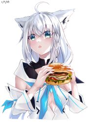 Rule 34 | 1girl, absurdres, ahoge, animal ear fluff, animal ears, blue neckerchief, blush, braid, breasts, burger, commentary request, dated, detached sleeves, earrings, food, fox ears, fox girl, green eyes, hair between eyes, highres, holding, holding food, hololive, hood, hoodie, jewelry, long hair, neckerchief, nick wong, open mouth, shirakami fubuki, shirakami fubuki (1st costume), sidelocks, simple background, single braid, small breasts, solo, virtual youtuber, white background, white hair, white hoodie