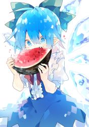 Rule 34 | 1girl, blue dress, blue eyes, blue hair, bow, cirno, cowboy shot, detached wings, dress, eating, fang, food, fruit, green bow, hair bow, highres, holding, holding food, ice, ice wings, nikorashi-ka, pointy ears, red neckwear, short hair, short sleeves, simple background, solo, symbol-only commentary, touhou, upper body, watermelon, white background, wings
