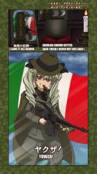 Rule 34 | 10s, 1girl, anchovy (girls und panzer), anzio military uniform, bad id, bad pixiv id, belt, black necktie, black ribbon, black shirt, brown coat, brown hat, candle, cigar, cloud, cloudy sky, coat, colored pencil (medium), dress shirt, drill hair, english text, fedora, girls und panzer, green hair, grey jacket, grey pants, grin, gun, hair ribbon, hat, holding, holding gun, holding weapon, italian flag, jacket, jacket on shoulders, long hair, long sleeves, looking at viewer, military, military uniform, mouth hold, necktie, pants, partially translated, photo (object), red eyes, ribbon, sam browne belt, shirt, sky, smile, solo, standing, submachine gun, thompson submachine gun, toyomaru, traditional media, translation request, trench coat, twin drills, twintails, uniform, weapon