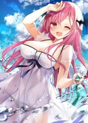 Rule 34 | 1girl, ;d, alternate costume, arm up, bare arms, black bow, blue sky, blush, bow, breasts, center frills, cleavage, cloud, collarbone, commentary, cowboy shot, day, demon wings, dress, frills, head wings, highres, holding, hose, koakuma, large breasts, long hair, looking at viewer, natsuki (ukiwakudasai), one eye closed, open mouth, outdoors, pink eyes, pink hair, see-through, see-through sleeves, short sleeves, sky, smile, solo, standing, touhou, very long hair, water drop, white dress, wings