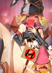 Rule 34 | 1girl, absurdres, black hat, black shirt, blonde hair, breasts, censored, chain, duel monster, gagaga girl, hat, heart, heart-shaped pupils, highres, holding, holding phone, masturbation, medium breasts, medium hair, mosaic censoring, no pants, panties, panties around leg, phone, pillow, pink eyes, ro g (oowack), selfie, shirt, sleeveless, sleeveless shirt, symbol-shaped pupils, underwear, witch, witch hat, yu-gi-oh!