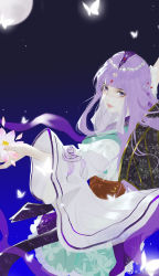Rule 34 | 1girl, absurdres, back, bug, butterfly, flower, glowing butterfly, hair ornament, highres, holding, holding flower, insect, long hair, long sleeves, looking back, muqing mq, night, night sky, outstretched arms, purple hair, qinshi mingyue, sash, shao siming (qin shi ming yue), sky, solo, spread arms, upper body, veil