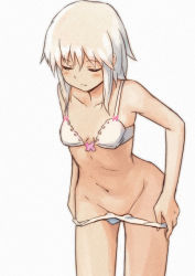 Rule 34 | 1girl, bad id, bad pixiv id, bent over, blush, bow, bow bra, bow panties, bra, breasts, closed eyes, collarbone, female focus, groin, izayoi sakuya, leaning forward, navel, panties, panty pull, shibasaki shouji, short hair, silver hair, simple background, small breasts, solo, standing, touhou, underwear, underwear only, undressing, white legwear