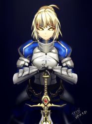 Rule 34 | 1girl, 2012, ahoge, armor, armored dress, artoria pendragon (fate), blonde hair, dated, dress, fate/stay night, fate (series), gauntlets, hair ribbon, hand on hilt, hands on hilt, ribbon, saber (fate), signature, solo, sword, tianlluo, weapon, yellow eyes