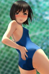 Rule 34 | 1girl, absurdres, bare arms, bare shoulders, black hair, blue one-piece swimsuit, blurry, blurry background, blush, breasts, brown eyes, chain-link fence, competition school swimsuit, day, depth of field, fence, hand on own ass, highres, matsunaga kouyou, nose blush, one-piece swimsuit, open mouth, original, outdoors, school swimsuit, small breasts, solo, swimsuit, teeth, upper teeth only