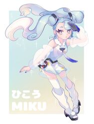 Rule 34 | 1girl, absurdres, bare shoulders, black footwear, blue hair, blue nails, border, bright pupils, character name, commentary request, creatures (company), eyelashes, floating hair, flying miku (project voltage), full body, game freak, gloves, grey eyes, hatsune miku, highres, holster, long hair, loose socks, nail polish, nintendo, parted lips, poke ball, poke ball (basic), pokemon, project voltage, ryusa (gjgd7445), see-through, see-through shorts, see-through sleeves, shoes, single glove, socks, solo, twintails, vocaloid, white border, white pupils, white socks