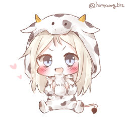 Rule 34 | 1girl, :d, animal costume, animal ears, bad id, bad pixiv id, blue eyes, blush, bottle, chibi, commission, cow costume, cow hood, cow tail, fake animal ears, full body, girls&#039; frontline, grey hair, highres, holding, holding bottle, honyang, hood, hood up, long hair, looking at viewer, milk bottle, mp5 (girls&#039; frontline), open mouth, platinum blonde hair, simple background, sitting, smile, solo, tail, twitter username, v-shaped eyebrows, white background