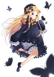 Rule 34 | 1girl, abigail williams (fate), absurdres, animal, black bow, black dress, black footwear, black hat, blonde hair, bloomers, blue eyes, blush, bow, bug, butterfly, commentary request, dress, fate/grand order, fate (series), forehead, hair bow, hand up, hat, highres, insect, long hair, long sleeves, looking at viewer, mary janes, nyanyang, orange bow, parted bangs, parted lips, polka dot, polka dot bow, shoes, simple background, sleeves past fingers, sleeves past wrists, solo, stuffed animal, stuffed toy, teddy bear, underwear, very long hair, white background, white bloomers